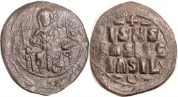 Follis, S1836, Christ stg facg/3-line lgnd; VF, obv sl off-ctr on unusually spread ovoid flan; somewhat crude strike (over-strike?) with some wkness o...