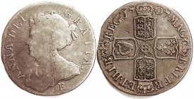 Anne, Shilling, 1707E, 2nd bust, G/F, line of sl haymarking on portrait, otherwise good metal with deep tone.