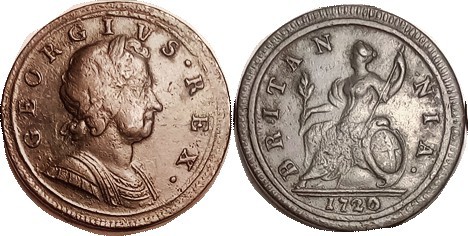 George I, 1/2 Penny 1720; F-VF, technically better but has a bit of striking wkn...