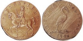 -- 1793, Hampshire, Petersfield, D&H47, Man on horse/stork, AVF, lt brown, many lt scrs.