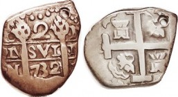 PERU, Cob 2 Reales, 1732-N, Choice F-VF or better, well struck on excellent metal with old lt tone; date perfectly clear; neatly holed at upper right ...