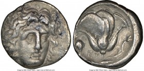 CARIAN ISLANDS. Rhodes. Ca. 305-275 BC. AR didrachm (20mm, 1h). NGC VF. Head of Helios facing, turned slightly right, hair parted in center and swept ...