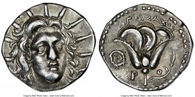 CARIAN ISLANDS. Rhodes. Ca. 205-190 BC. AR didrachm (20mm, 12h). NGC Choice XF. Ca. 205-195 BC, Agemaxou, magistrate. Radiate head of Helios facing, t...