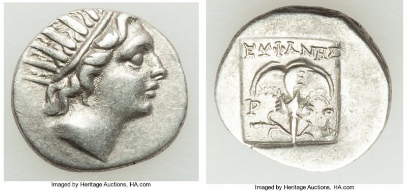 CARIAN ISLANDS. Rhodes. Ca. 88-84 BC. AR drachm (15mm, 2.59 gm, 12h). XF. Plinth...