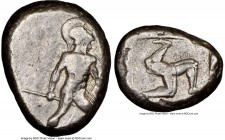 PAMPHYLIA. Aspendus. Ca. mid-5th century BC. AR stater (20mm). NGC Fine. Helmeted nude hoplite advancing right, shield in left hand, spear forward in ...