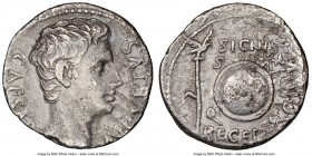 Augustus (27 BC-AD 14). AR denarius (18mm, 6h). NGC VF. Spanish mint, ca. 19 BC. CAESAR-AVGVSTVS, bare head of Augustus right; dotted border / SIGNIS ...