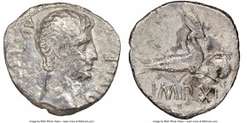 Augustus (27 BC-AD 14). AR denarius (18mm, 8h). NGC VG, bankers mark. Lugdunum, 12 BC. AVGVSTVS-DIVI F, bare head of Augustus right; dotted border / I...