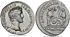 Augustus (27 BC-AD 14). AR denarius (20mm, 3.82 gm, 1h). NGC Choice AU 4/5 - 3/5. Lugdunum, 2 BC-AD 4. CAESAR AVGVSTVS-DIVI F PATER PATRIAE, laureate ...