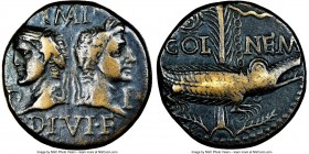 Augustus (27 BC-AD 14), with Marcus Agrippa. AE dupondius (24mm, 3h). NGC VF. Gaul, Nemausus, ca. AD 10-14. IMP / DIVI•F, adduced heads of Augustus (r...