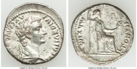 Tiberius (AD 14-37). AR denarius (19mm, 3.65 gm, 9h). Choice XF, edge chip. Lugdunum. TI CAESAR DIVI-AVG F AVGVSTVS, laureate head of Tiberius right /...