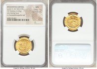 Justin II (AD 565-578). AV solidus (21mm, 4.45 gm, 6h). NGC MS 5/5 - 4/5. Constantinople, 10th officina. D N I-VSTI-NVS PP AVG, cuirassed bust of Just...