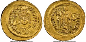 Maurice Tiberius (AD 582-602). AV solidus (22mm, 4.45 gm, 6h). NGC MS 4/5 - 4/5. Constantinople, 7th officina. o N mAVRC-TIb PP AVG, draped and cuiras...