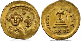 Heraclius (AD 610-641), and Heraclius Constantine. AV solidus (21mm, 4.38 gm, 7h). NGC MS 4/5 - 4/5, clipped. Constantinople, 5th officina, ca. AD 616...