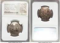 Isaac II Angelus, first reign (AD 1185-1195). EL aspron trachy (30mm, 3.83 gm, 7h). NGC Choice AU 4/5 - 4/5, die shift. Constantinople. Full length fi...