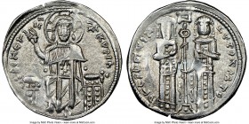 Andronicus II Palaeologus and Michael IX (AD 1294-1320). AR basilicon (21mm, 6h). NGC Choice XF. Constantinople, AD 1304-1320. KYPIЄ-BOHΘЄI, Christ en...