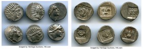 ANCIENT LOTS. Greek. Carian Islands. Rhodes. Ca. 88-84 BC. Lot of six (6) AR drachms. VF. Includes: (6) Plinthophoric standard, AR drachms. Various ma...