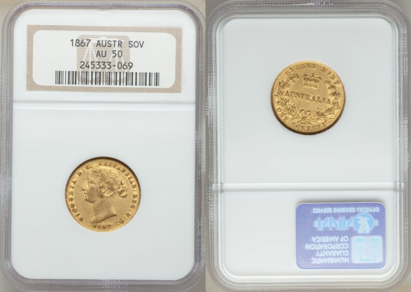 Victoria gold Sovereign 1867-SYDNEY AU50 NGC, Sydney mint, KM4. AGW 0.2353 oz. 
...
