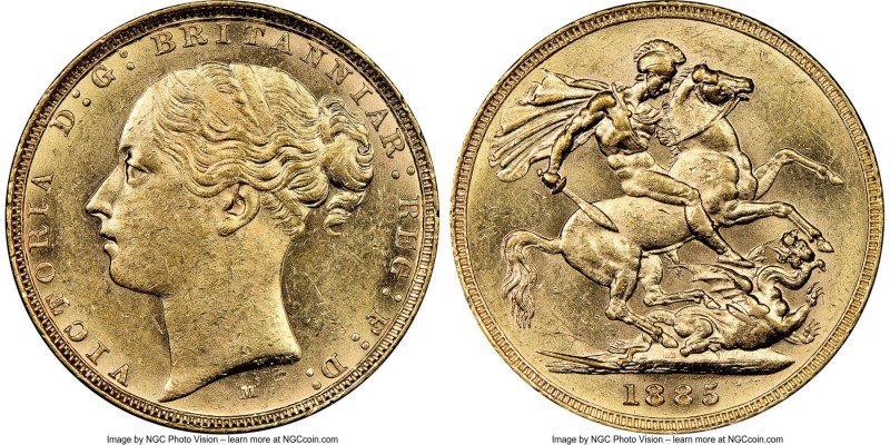 Victoria gold "St. George" Sovereign 1885-M AU58 NGC, Melbourne mint, KM7. Refle...