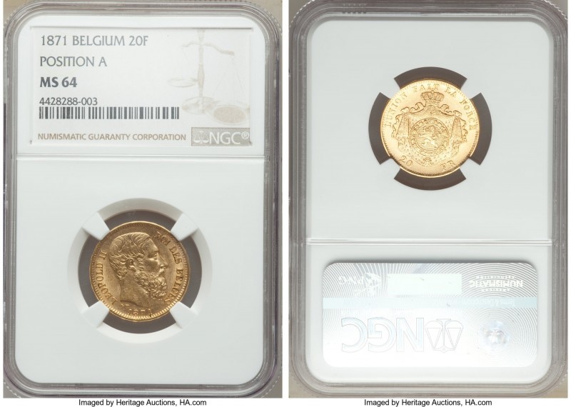 Leopold II gold 20 Francs 1871 MS64 NGC, KM37. Position A variety. AGW 0.1867 oz...