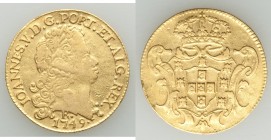 British Colony. João V gold Contemporary Counterfeit 6400 Reis 1749-R VF, Rio de Janeiro mint, cf. KM149 (for original). 30.4mm. A lightweight forgery...