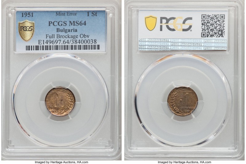 Republic Mint Error - Reverse Brockage Stotinka 1951 MS64 PCGS, KM50.

HID098012...