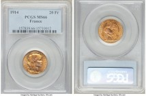 Republic gold 20 Francs 1914 MS66 PCGS, KM857. Deep orange tones with a hint of lavender are apparent on the obverse and reverse of this high grade sp...