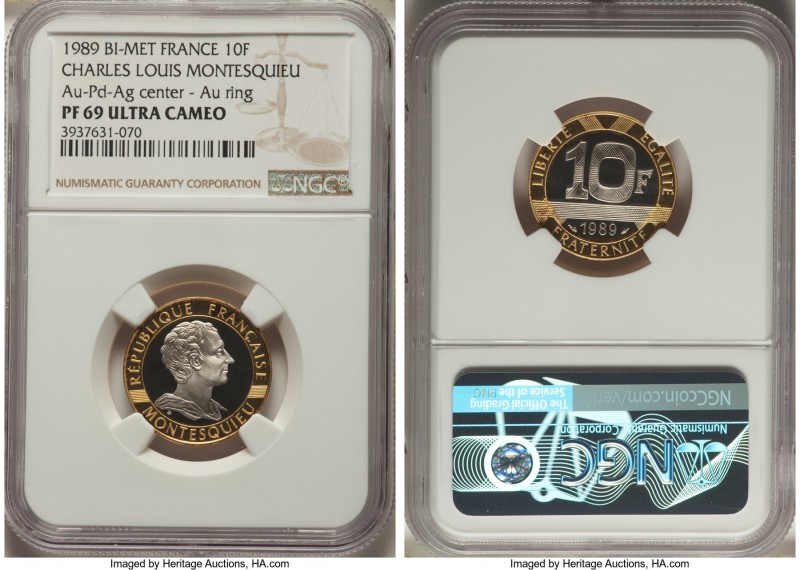 Republic tri-metallic gold, palladium & silver 10 Francs 1989 PR69 Ultra Cameo N...