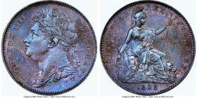 George IV Farthing 1825 MS65 Brown NGC, KM677, S-3822. Florescent cerulean and cotton candy toning electrify the glossy brown surfaces. 

HID098012420...