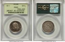 George V Proof Shilling 1911 PR65 PCGS, KM816. Mintage: 6,007. Highly reflective surfaces that explode into a kaleidoscope of colorful toning. 

HID09...