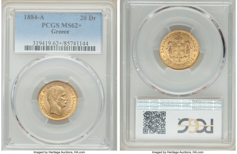 George I gold 20 Drachmai 1884-A MS62+ PCGS, Paris mint, KM56. One year type. AG...