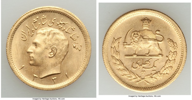 Muhammad Reza Pahlavi gold Pahlavi SH 1331 (1952) UNC, KM1162. 22.2mm. 8.12gm. A...