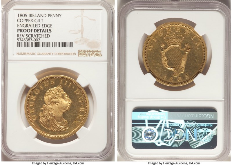 George III gilt-copper Proof Penny 1805 Proof Details (Reverse Scratched) NGC, K...