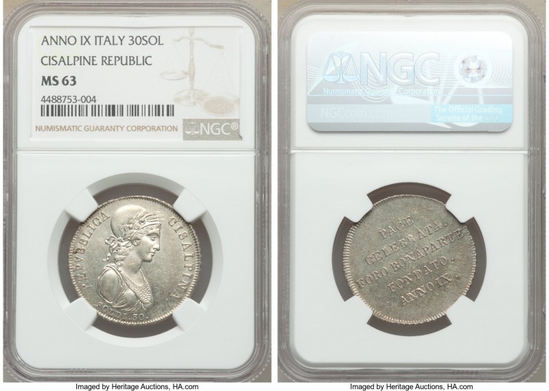 Cisalpine Republic. Revolutionary State 30 Soldi Anno IX (1801) MS63 NGC, Milan ...