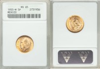 Estados Unidos gold 5 Pesos 1955-M MS65 ANACS, Mexico City mint, KM464. AGW 0.1206 oz. 

HID09801242017
