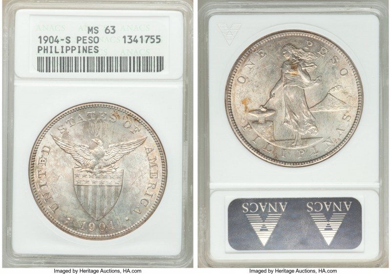 USA Administration Peso 1904-S MS63 ANACS, KM168. Splashes of russet tones adorn...