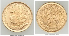 Republic gold 10 Zlotych 1925-(w) AU, Warsaw mint, KM-Y32. 19mm. 3.23gm. Rose-gold color. Issued to commemorate the 900th anniversary of the founding ...