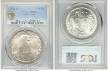 Confederation 5 Francs 1922-B MS63 PCGS, Bern mint, KM37. Two year type with brilliant cartwheel luster. 

HID09801242017