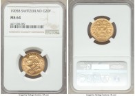 Confederation gold 20 Francs 1905-B MS64 NGC, Bern mint, KM35.1. Crisp rims, good luster and deep butter-gold color. AGW 0.1867 oz. 

HID09801242017