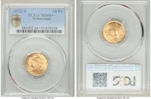 Confederation gold 10 Francs 1922-B MS66+ PCGS, Bern mint, KM36. Gem uncirculated and lustrous. AGW 0.0933 oz. 

HID09801242017