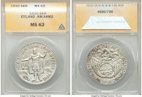 Pair of Certified Assorted Issues, 1) Iceland: Republic 5 Kronur 1930 MS62 ANACS, KM-M2. Commemorating 1,000 years of the establishment of the Althing...