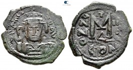 Maurice Tiberius AD 582-602. Overstruck on a Follis of Phocas. Constantinople. Follis Æ