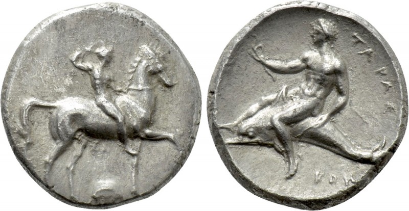 CALABRIA. Tarentum. Nomos (Circa 302 BC). 

Obv: Crowning youth on horse stand...