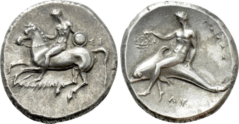CALABRIA. Tarentum. Nomos (Circa 302-280 BC). 

Obv: ΣI / ΦΙΛΟΚΛΗΣ. 
Youth, h...