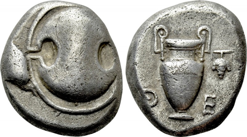 BOEOTIA. Thebes. Stater (425-400 BC). 

Obv: Boeotian shield.
Rev: ΘE. 
Amph...