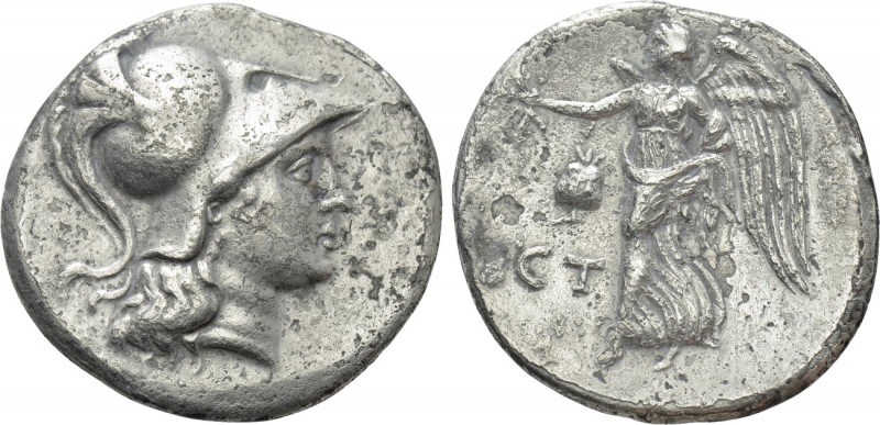 PAMPHYLIA. Side. Tetradrachm (Circa 205-100 BC). St-, magistrate. 

Obv: Helme...