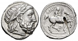 Kingdom of Macedon. Philip II. Tetradracma. 315-294 a.C. Amphipolis. (Seaby-6684 variante). (Cy-1217 variante). Anv.: Cabeza de Zeus laureada a derech...