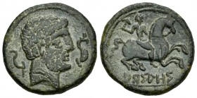 Arsaos. As. 120-80 a.C. Area of Navarra. (Abh-144). (Acip-1653). Anv.: Cabeza barbada a derecha, detrás arado, delante delfín. Rev.: Jinete con dardo ...