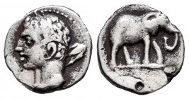 Carthage Nova. 1/4 de shekel. 235-220 a.C. Cartagena (Murcia). (Abh-487). (Acip-555). Anv.: Cabeza de Hércules laureada a izquierda con clava. Rev.: E...