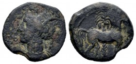 Carthage Nova. 1/2 siclo. 220-215 a.C. Cartagena (Murcia). (Abh-507). (Acip-604). Anv.: Cabeza de Tanit a izquierda. Rev.: Caballo parado a derecha co...