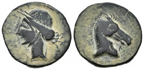 Carthage Nova. Calco. 220-215 a.C. Cartagena (Murcia). (Abh-515). (Acip-585). Anv.: Cabeza de Tanit a izquierda. Rev.: Cabeza de caballo a derecha, de...